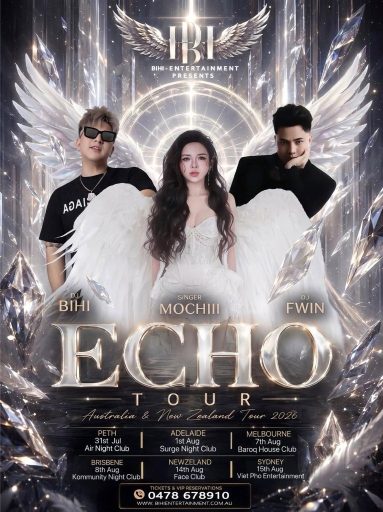 ECHO TOUR 2026 — Australia & New Zealand Tour poster featuring DJ BIHI, Singer Mochi, and DJ FWIN